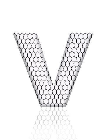 Close-up of three-dimensional rusty wire mesh alphabet letter V on white background.