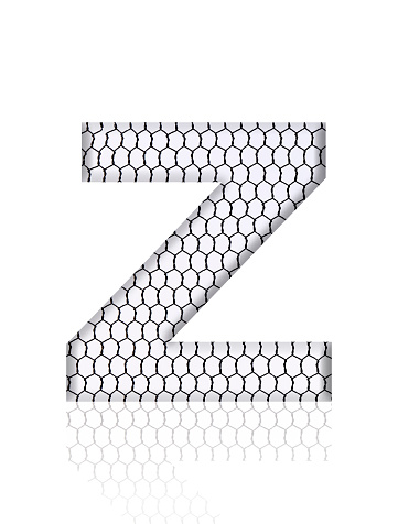 Close-up of three-dimensional rusty wire mesh alphabet letter Z on white background.