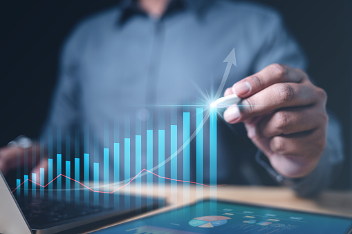 business, chart, graph, growth, success, analysis, diagram, digital, finance, investment. close up to hand of businessman, use pen to draw bar chart from investment, then analysis that's diagram.