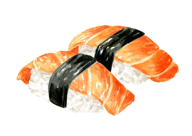 istock Nigiri Sushi with Salmon. Hand drawn watercolor illustration,  isolated on white background 2007071110