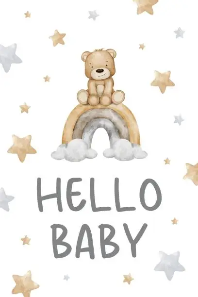 Vector illustration of Baby shower card with stars, teddy bear sitting on rainbow. Hello baby inscription. New born celebration. Cute poster for children room. Template of newborn party invitation. Watercolor illustration.
