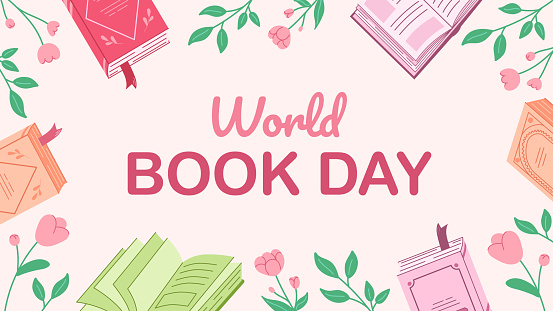 Banner for world book day celebration. Horizontal background with books for literary events in libraries, bookstores.