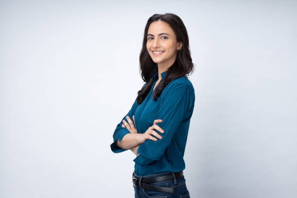 portrait of young businesswoman wear trendy smart casual outfit isolated on white background stock photo - smart casual side view one person success - fotografias e filmes do acervo