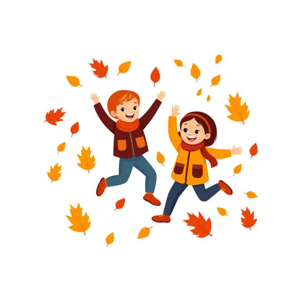 Vector illustration of Flat Illustration of Kids Playing in Piles of Leaves for Thanksgiving Theme Illustration, Isolated on a White Background.