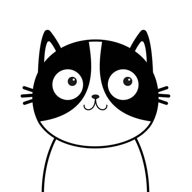 Vector illustration of Black white cat head face line contour silhouette icon. Funny kawaii smiling doodle animal. Cute cartoon funny character. Pet collection. Flat design Baby background