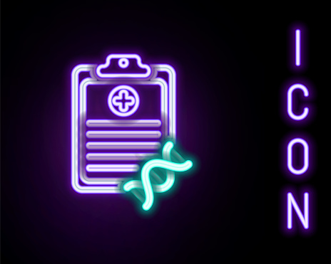 Glowing neon line Clipboard with DNA analysis icon isolated on black background. Genetic engineering, genetics testing, cloning, paternity testing. Colorful outline concept. Vector.