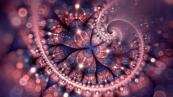 Abstract fractal art background. Floral petals and light trails in a spiral. With bokeh sparkles.