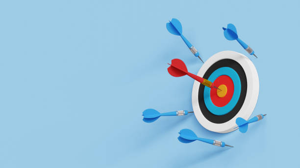 istock Practice until succeed concept. Success after many failures. Success rate, effort or cost to reach goal or target. Archery target on wall with one hitting and many missed arrows. 3d illustration 2007110568