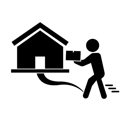 Delivery silhouette icon. Deliverer and delivery destination house. Editable vector.