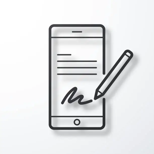 Vector illustration of Electronic signature on smartphone. Line icon with shadow on white background