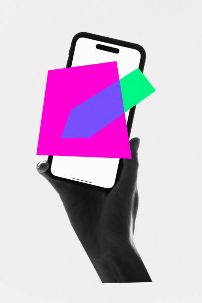 istock Poster. Modern aesthetic artwork. Silhouetted hand holding smartphone with geometric shaped paper and pencil on screen. 2007139751