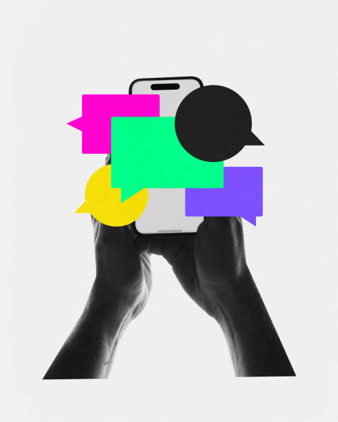 istock Contemporary art collage. Two hands holding smartphone with multiple colorful speech bubbles on screen. 2007139753