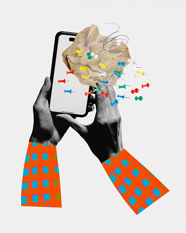 Contemporary art collage. Hands holding smartphone, with of scattered pins and string on crumpled paper overlay. Concept of organizing ideas and tasks, with virtual pins and notes feature.