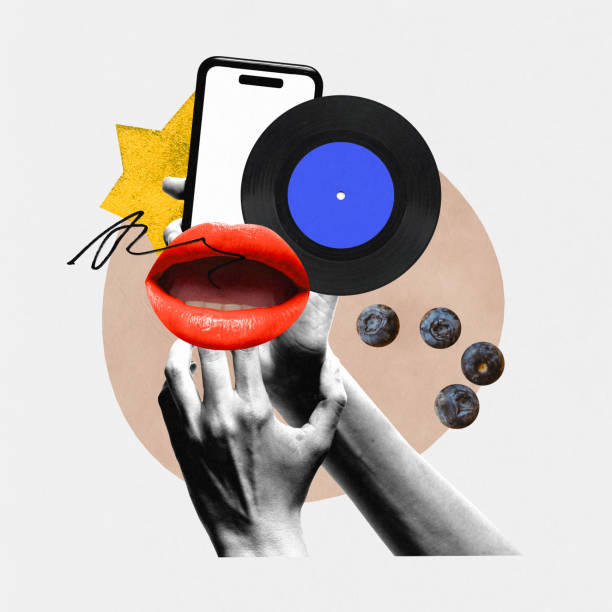 Modern aesthetic artwork. Hand holding smartphone with vinyl record, red lips, sound wave, and blueberries, symbolizing audio features.