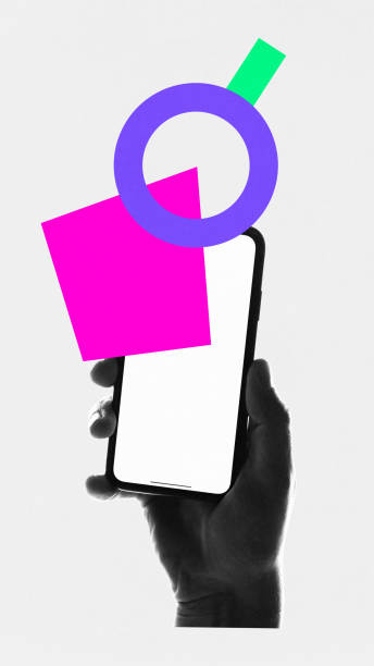 Contemporary art collage. Silhouette hand holding phone displaying pink square and overlapping purple circle with green stripe looks as magnify.