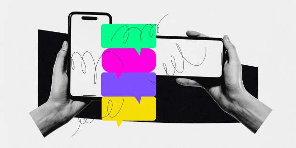 istock Modern aesthetic artwork. Two hands holding smartphones with colorful chat bubbles and scribbles, symbolizing digital communication. 2007139766