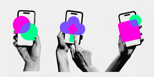 Contemporary art collage. Three hands holding smartphones, each with different graphic elements circles, arrow, and square. Concept of cloud storage service ad, easy file upload and access.