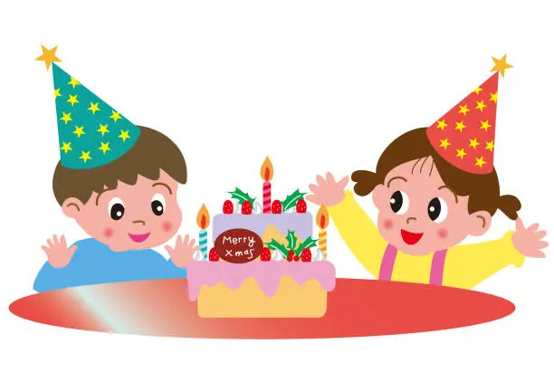 Vector illustration of Children happy with Christmas cake