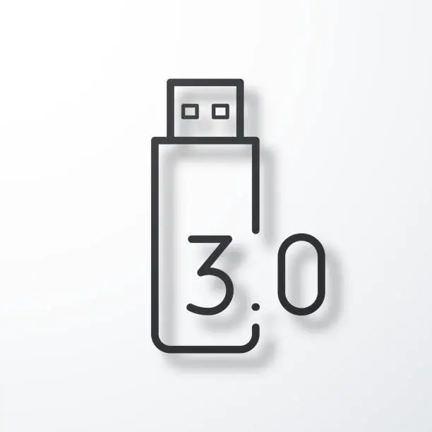 Vector illustration of USB 3.0 flash drive. Line icon with shadow on white background
