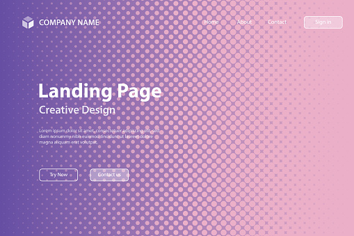 Landing page template for your website. Modern and trendy background. Halftone design with a lot of dots and beautiful color gradient. This illustration can be used for your design, with space for your text (colors used: Pink, Purple). Vector Illustration (EPS file, well layered and grouped), wide format (3:2). Easy to edit, manipulate, resize or colorize. Vector and Jpeg file of different sizes.