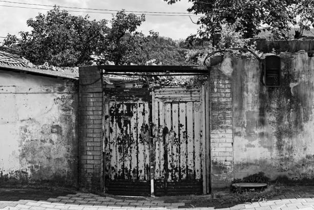 Black and white photo of an old iron gate