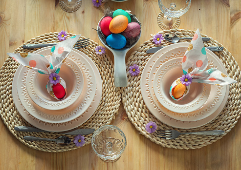 Colorful Easter dining table from above