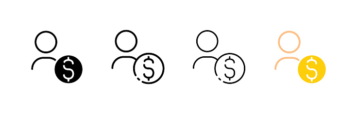 Dollar on man icons. Different styles, dollar icons on a person's silhouette, dollar on a person. Vector icons