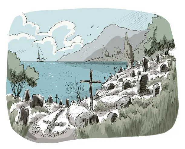 Vector illustration of secluded cemetery on the beach