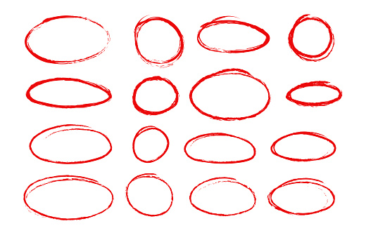 Textured red highlight circles, vector oval set isolated