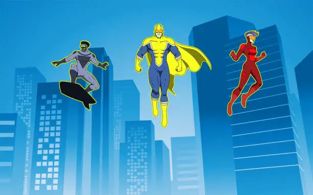 Vector illustration of Vector Masked Superhero Team Flying Floating in a Cityscape Stock Illustration