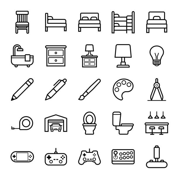 set of interior icons set - domestic room trophy furniture television stock-grafiken, -clipart, -cartoons und -symbole