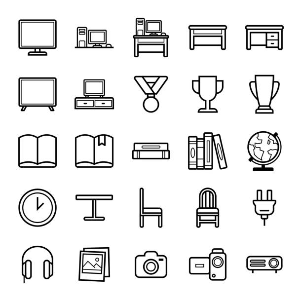 set of interior icons set - domestic room trophy furniture television stock illustrations