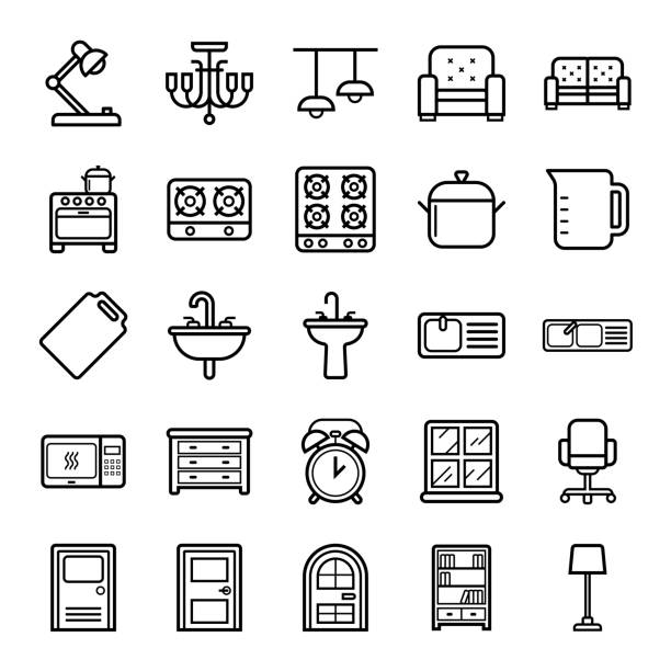 set of interior icons set - domestic room trophy furniture television stock-grafiken, -clipart, -cartoons und -symbole
