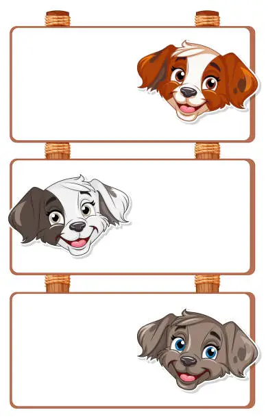 Vector illustration of Three cartoon dogs with empty signboards for text
