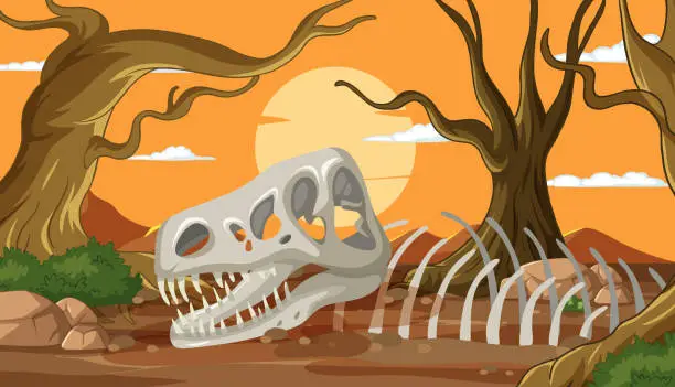 Vector illustration of Vector illustration of dinosaur skeleton in desert