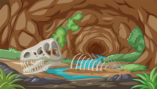 Vector illustration of dinosaur skeleton in a cave