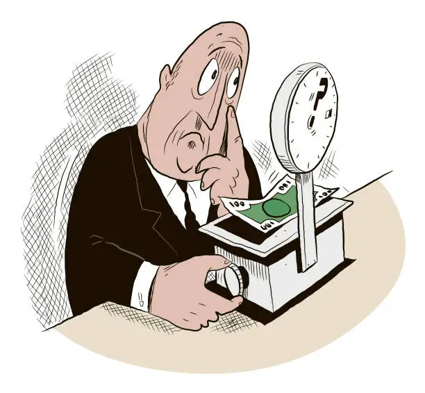 Vector illustration of man weighing money on a scale