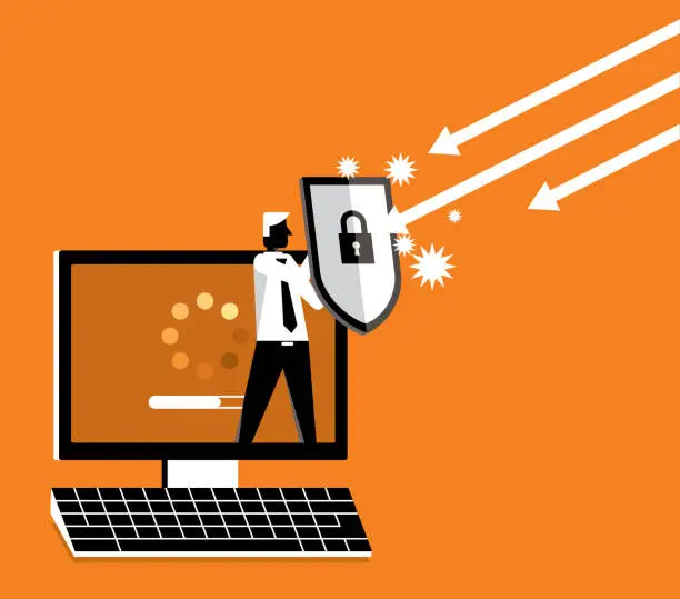 Vector illustration of Businessman out from a computer with a shield - desktop PC