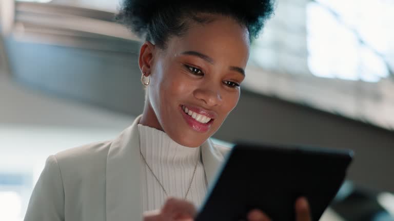 Business, smile and black woman with a tablet, typing and internet for online news and financial blog. African person, accountant and broker with technology and stock market with trading on an app