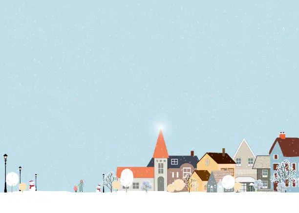 Vector illustration of Merry Christmas Background Banner with Winter City Town Landscape with Snow Covering,Cute Vector illustration Happy New Year Greeting Card 2025