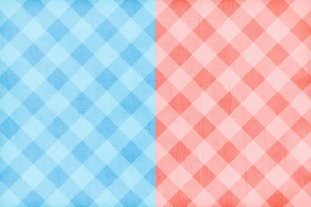 Vector illustration of Bright turquoise light sky blue and pastel pink red two colored soft pastel slanting or oblique checkered crisscross pattern textured divided halved horizontal blank empty vector backgrounds like gingham or table cloth or napkin