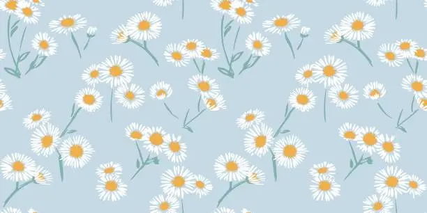 Vector illustration of Seamless abstract stylized branches white flowers daisy chamomiles pattern on a blue background. Cute tiny shapes ditsy floral patterned. Vector hand drawn sketch. Collage for designs, printing