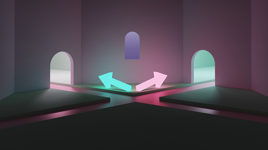 3D crossroads and neon arrows. Digitally generated image