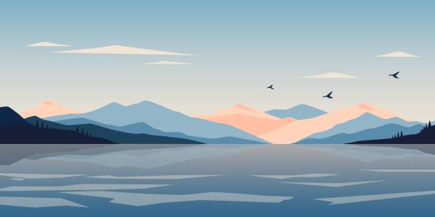 Nordic landscape. Cartoon winter Scandinavian nature panorama of frozen lake and mountains flat style. Modern vector background Nordic landscape. Cartoon winter Scandinavian nature panorama of frozen lake and mountains flat style. Modern vector background. cartoon mountains stock illustrations
