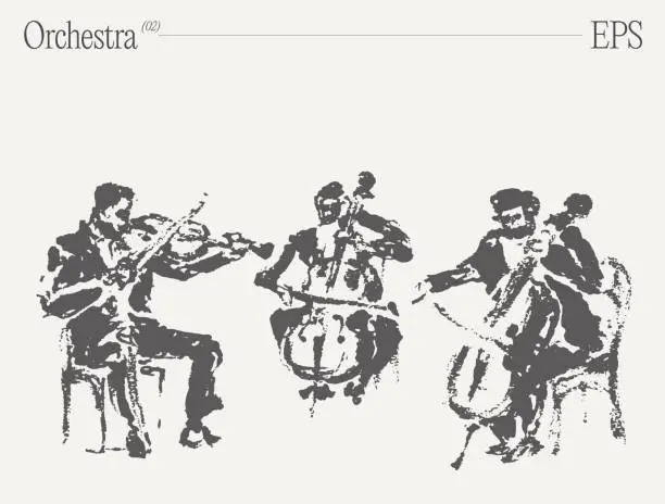 Vector illustration of Musicians performing on violins and cello at orchestra concert. Hand drawn vector illustration.