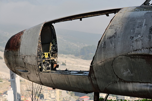 Old U.S. military Lockheed T-33 Shooting Star airplane landed and abandoned in Tirana airport in 1957, since 1970 on display at the top of the citadel as part of the Arms Exhibit. Gjirokaster-Albania.