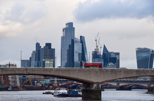 London, UK - January 6 2024: Daytime view of Waterloo Bridge and the City of London skyline, the capital's financial district, daytime view.