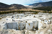 Abandoned Marble Quarry with view of lake Baikal in the village of Buguldeika from air