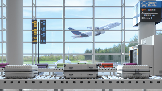 Close-up View Of Airport Security Checkpoint With X-Ray Scanner Machine And Luggages