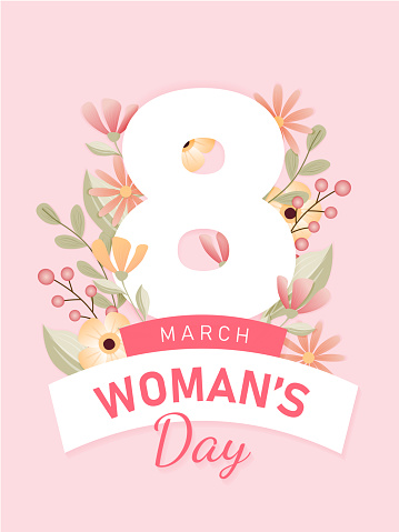 International Women Day 8 march with frame of flower and leaves , Paper art style. vector illustration.